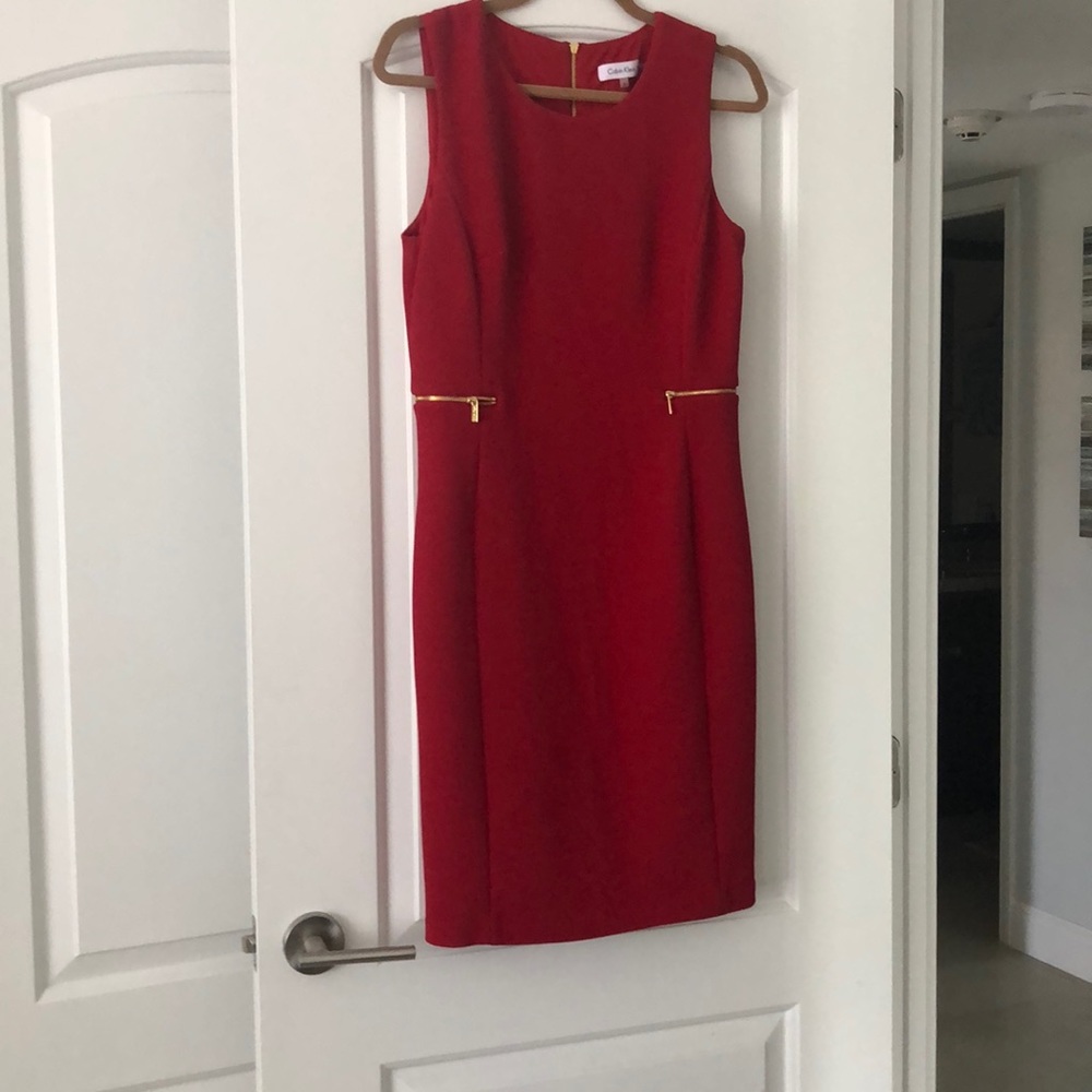 Calvin Klein red dress with gold trim size 8